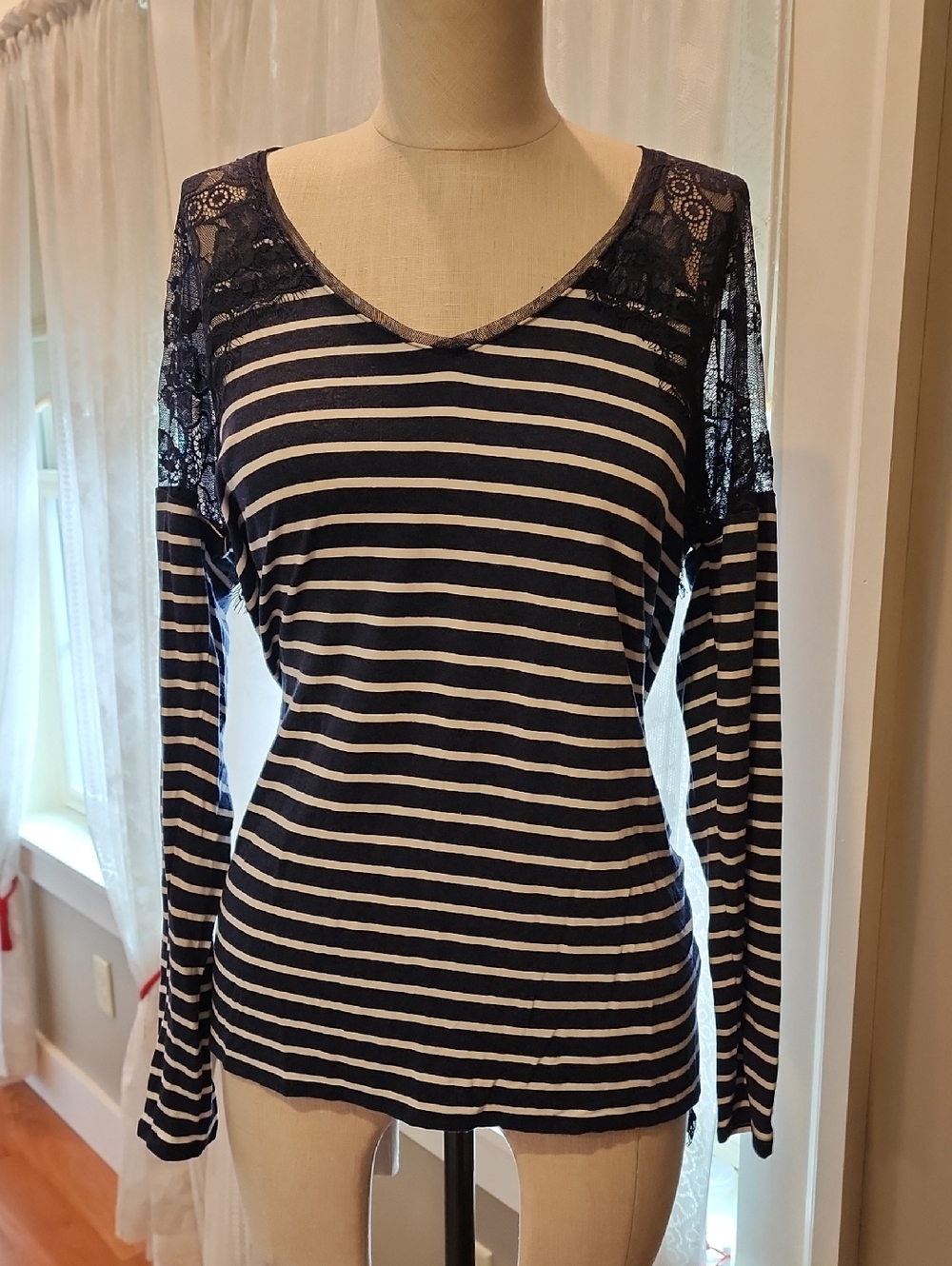 White House Black Market Navy and White Striped Lace-Shoulder Long Sleeve Top